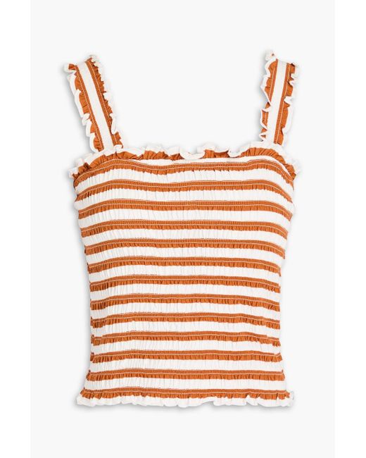Veronica Beard Brown Averie Shirred Striped Cotton-jersey Top