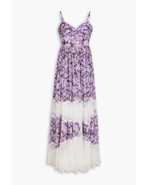 Badgley Mischka Purple Lace-Paneled Floral-Print Georgette Maxi Dress
