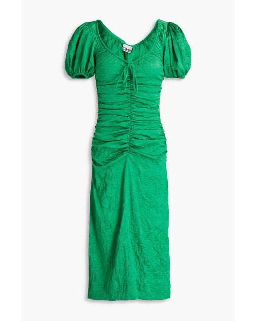 Ganni Green Ruched Crinkled-satin Midi Dress