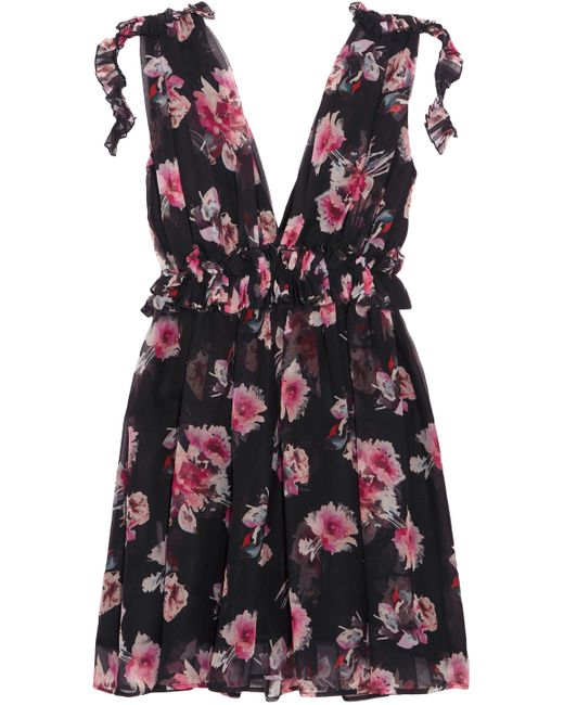 MSGM Ruffle-trimmed Floral-print Silk-chiffon Mini Dress Black