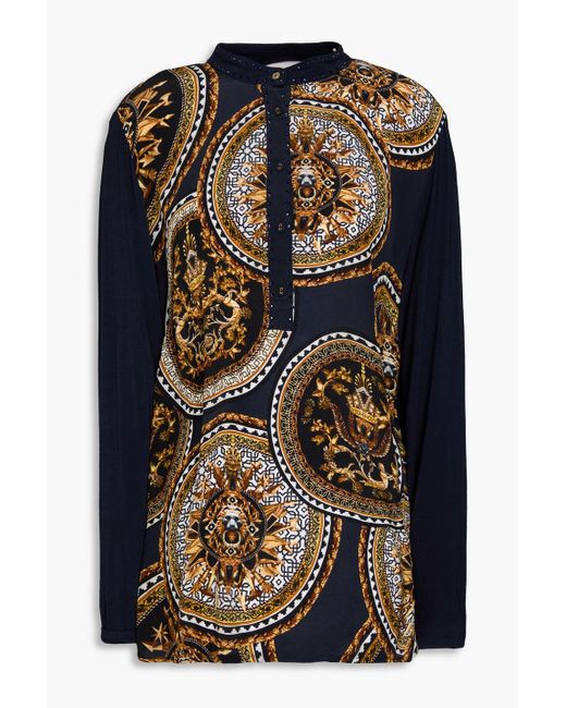 Camilla Black Crystal-Embellished Printed Silk-Jersey Top