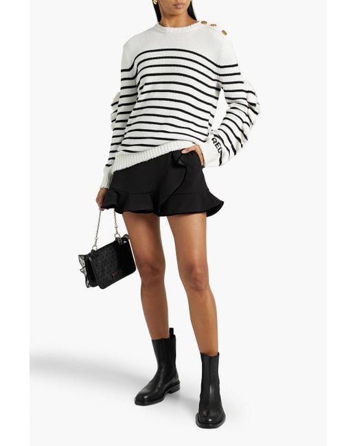 RED Valentino White Ruffled Striped Knitted Sweater
