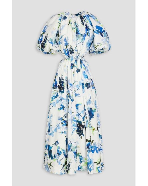 Aje. Blue Capucine Cutout Floral-print Linen-blend Midi Dress