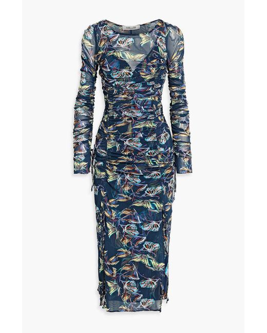 Diane von Furstenberg Blue Corinne Ruched Floral-print Mesh Midi Dress
