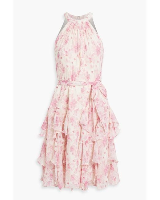 Mikael Aghal Pink Ruffled Floral-Print Jacquard Dress