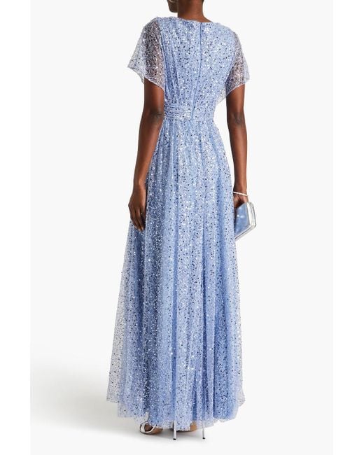 THEIA Blue Embellished Pleated Tulle Gown