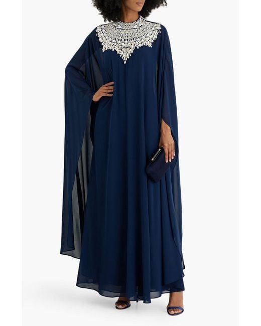Badgley Mischka Blue Cape-effect Bead-embellished Chiffon Gown