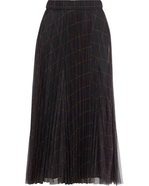 Brunello Cucinelli Black Checked Plissé-tulle Midi Skirt