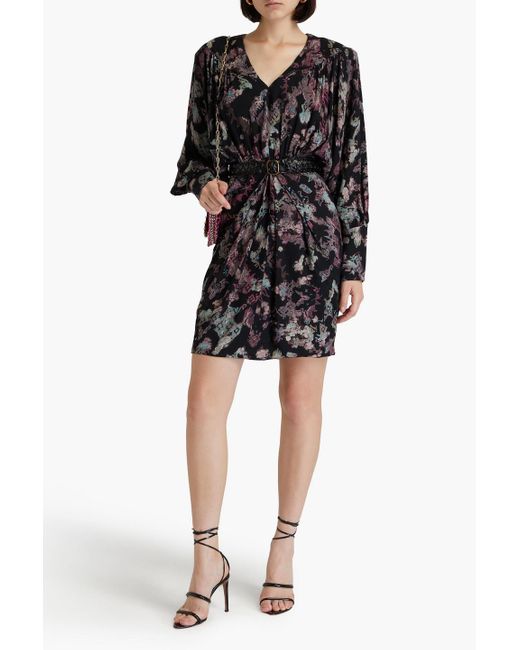 IRO Black Gathered Printed Crepe Mini Dress