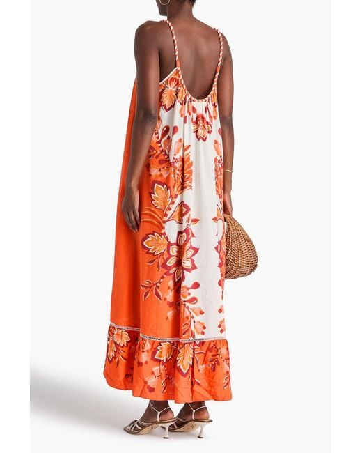 Farm Rio Orange Floral-Print Linen-Blend Maxi Dress