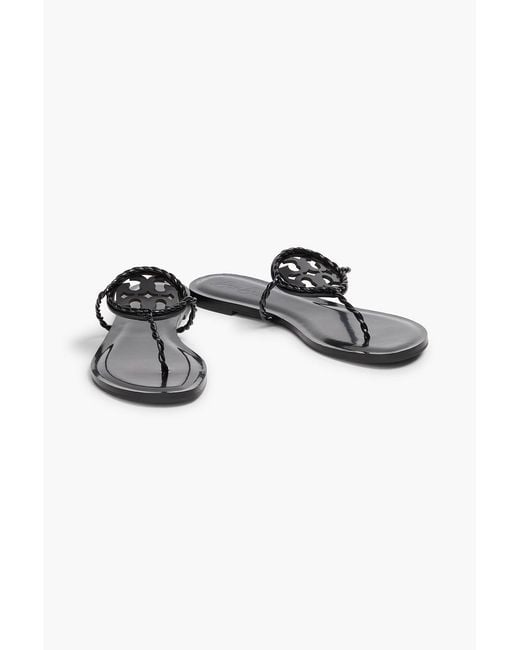 Tory Burch Black Miller Embellished Glossed-Leather Sandals