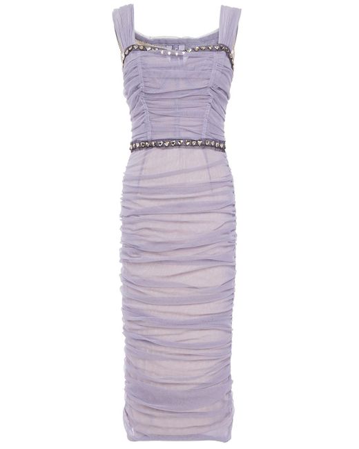 Dolce & Gabbana Purple Embellished Ruched Tulle Midi Dress