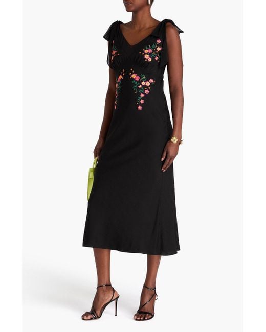 Saloni Black Embroidered Silk-Satin Jacquard Midi Dress