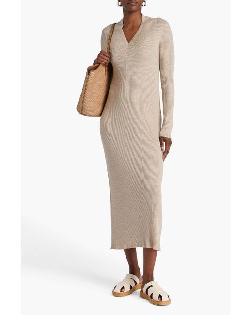 Brunello Cucinelli Natural Cashmere, Silk And Linen-blend Midi Dress