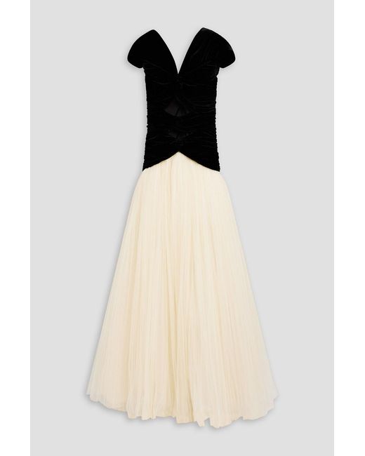 Costarellos Natural Celestine Cutout Velvet-Paneled Tulle Gown