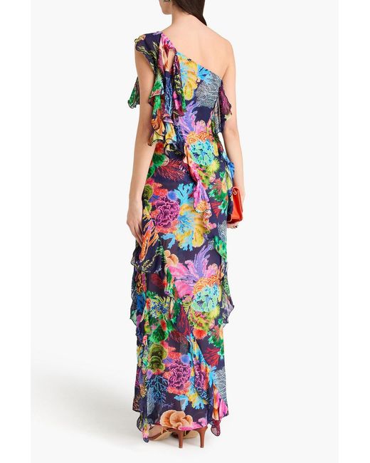 Farm Rio White One-Shoulder Ruffled Printed Georgette Maxi Dress