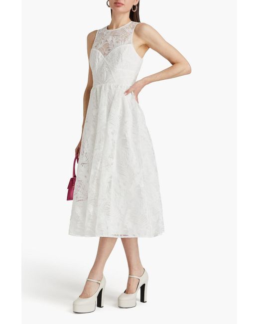 ML Monique Lhuillier White Embroidered Tulle Midi Dress