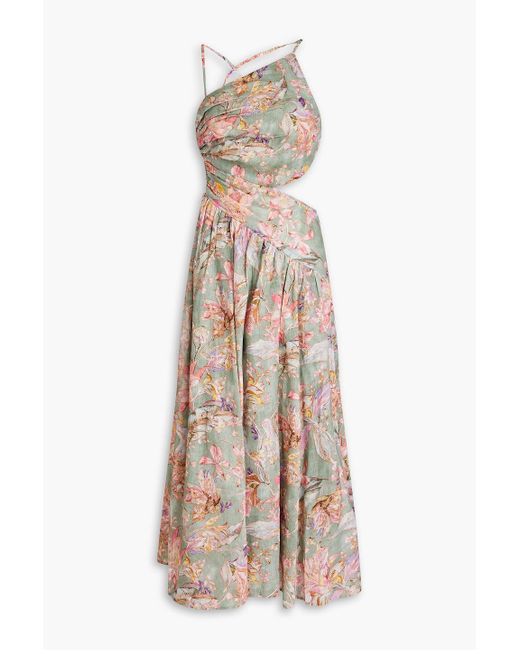 Zimmermann Natural Asymmetric Cutout Floral-print Linen Midi Dress