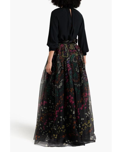 Zuhair Murad Black Pleated Floral-print Silk-organza Maxi Skirt