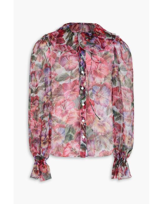 Dolce & Gabbana Pink Pussy-bow Ruffled Floral-print Silk-organza Shirt
