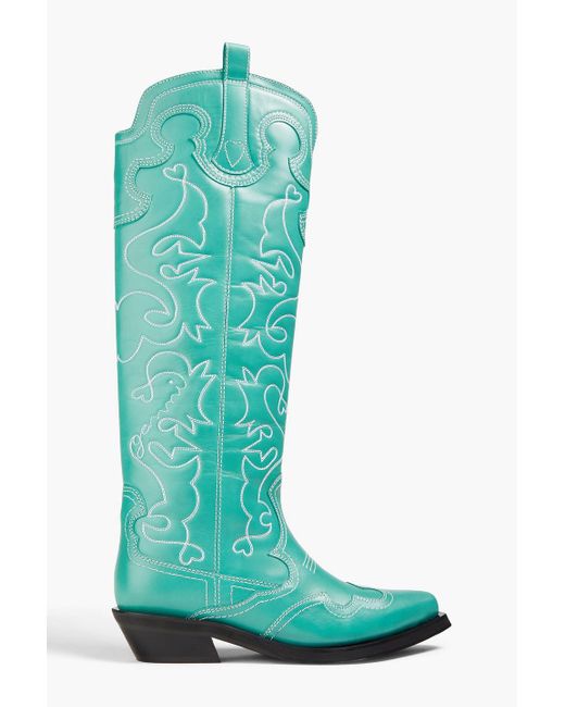 Ganni Green Embroidered Leather Cowboy Boots