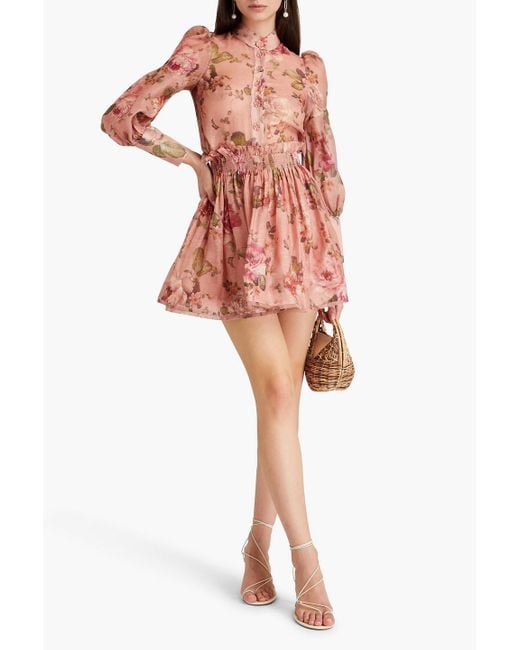 Zimmermann Gathered Floral-print Linen And Silk-blend Gauze Mini Skirt