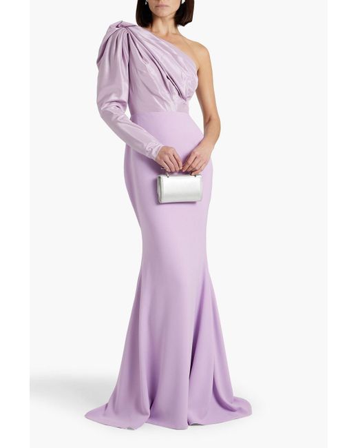 Rhea Costa Purple One-sleeve Draped Taffeta And Crepe Gown