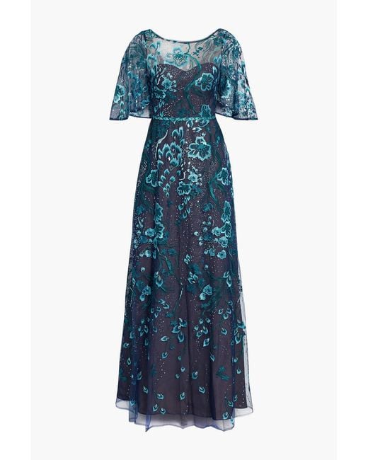 Marchesa Blue Sequin-embellished Embroidered Tulle Maxi Dress