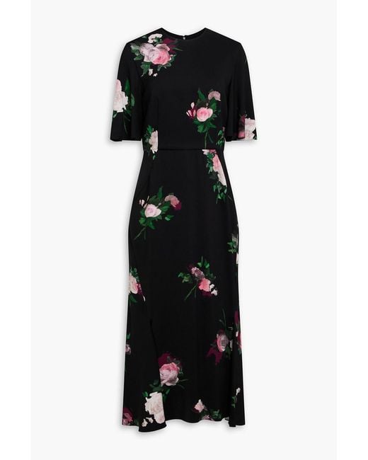 Erdem Black Pleated Floral-print Stretch-cady Midi Dress