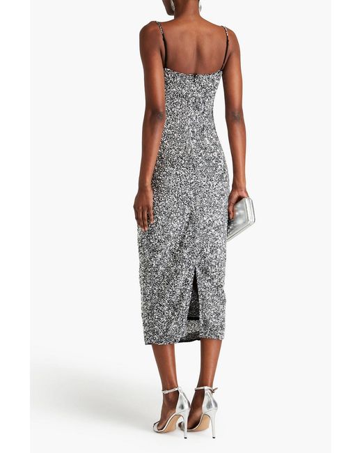 Rachel Gilbert Gray Corrie Draped Sequined Tulle Midi Dress