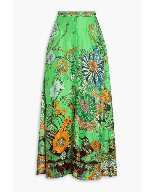 Camilla Green Floral-Print Embellished Silk-Twill Maxi Skirt