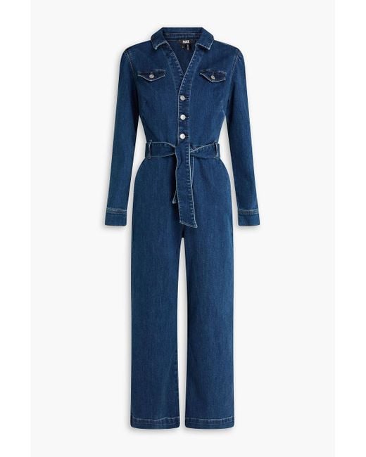 PAIGE Blue Anessa Cropped Belted Denim Jumpsuit