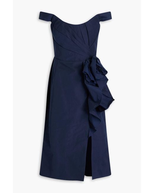 Marchesa Blue Off-The-Shoulder Floral-Appliquéd Taffeta Midi Dress