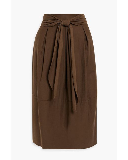 Vince Brown Belted Pleated Cotton And Wool-blend Twill Midi Skirt