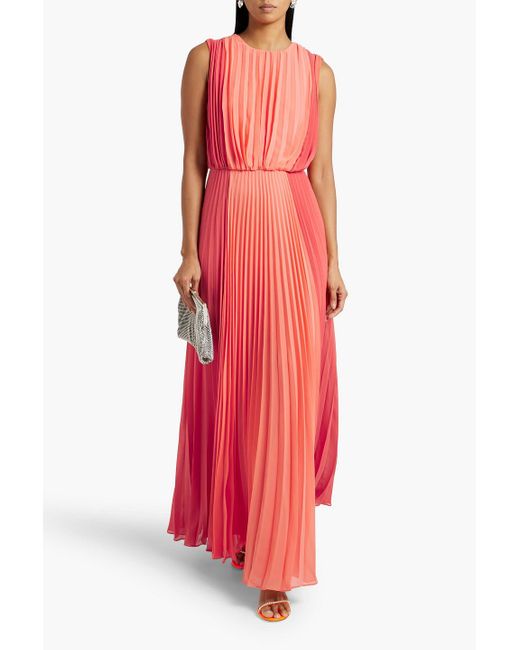 Mikael Aghal Red Pleated Two-tone Chiffon Gown