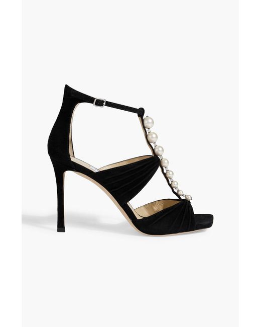 Jimmy Choo Black Aura 95 Embellished Gathered Suede Sandals