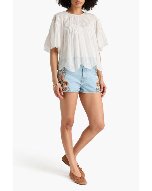 Farm Rio White Embroidered Pintucked Cotton-Gauze Top