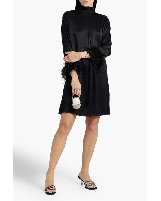 Sleeper Black Party Feather-trimmed Satin Mini Dress