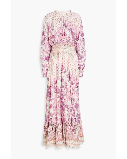 Hemant & Nandita Pink Gathered Floral-print Cotton-gauze Maxi Dress