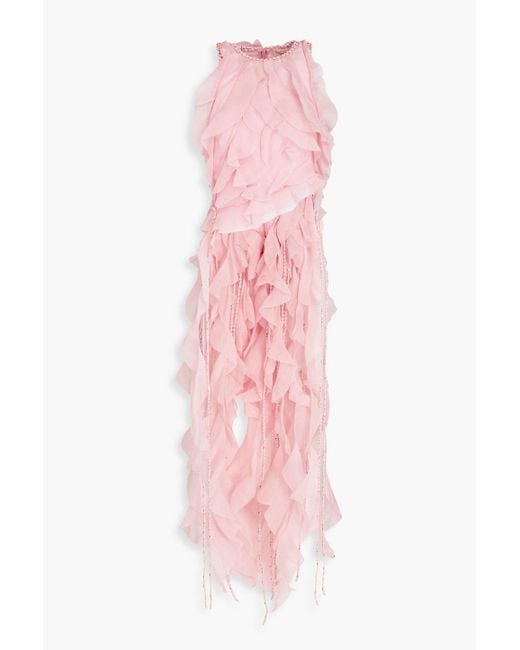 Zimmermann Pink Ruffled Linen And Silk-blend Gauze Top
