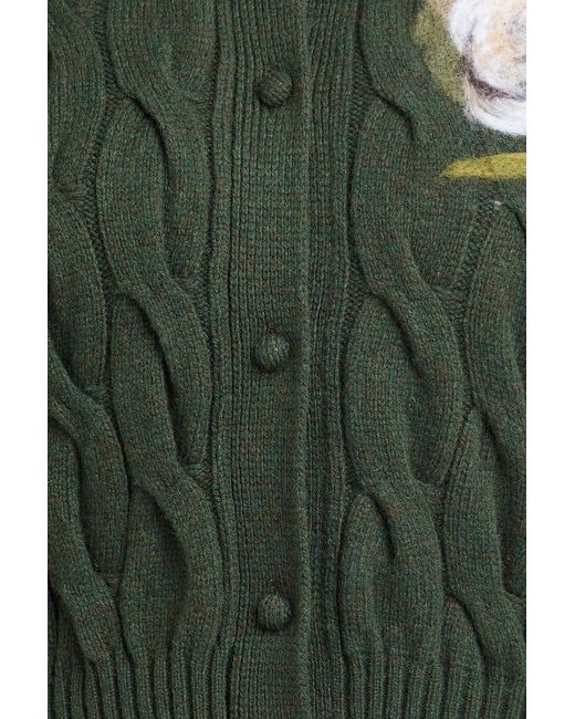 Erdem Green Floral-Print Cable-Knit Wool-Blend Cardigan