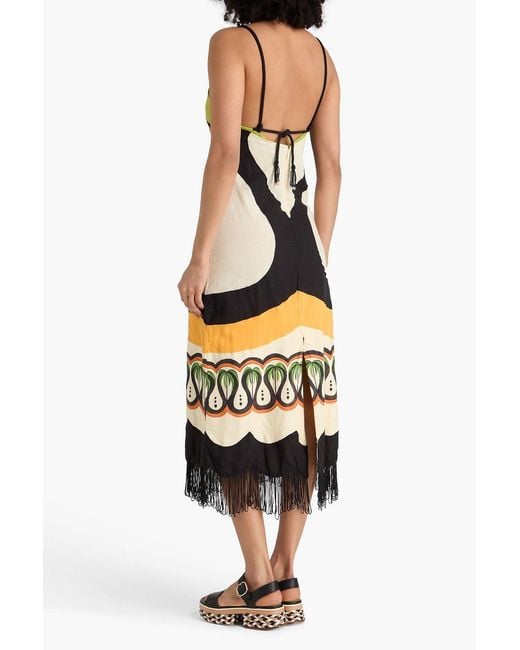 Farm Rio Metallic Fringed Bead-embellished Embroidered Linen-blend Midi Dress