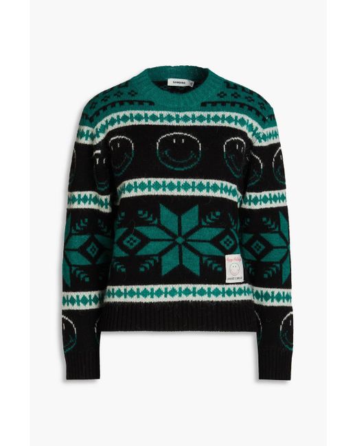 Sandro Green Jacquard-knit Wool-blend Sweater