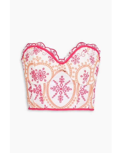 Charo Ruiz Pink Lita Strapless Cropped Broderie Anglaise Cotton-Blend Top