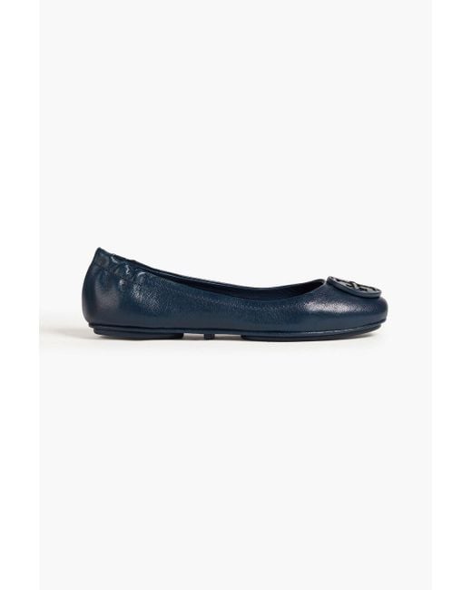 Tory Burch Blue Minnie Embellished Leather Ballet Flats