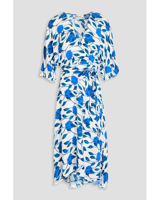 Diane von Furstenberg Blue Eloise Asymmetric Printed Crepe Midi Wrap Dress
