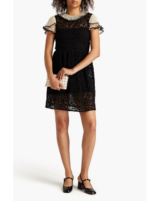 RED Valentino Black Ruffled Tulle-trimmed Cotton-guipure Lace Mini Dress