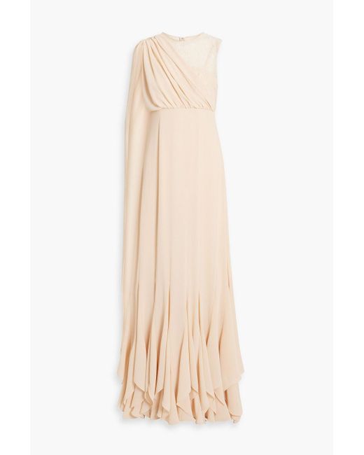 Mikael Aghal Natural Draped Lace-paneled Crepe Gown