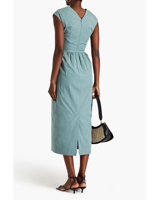 TOVE Blue Bow-embellished Gathered Organic Cotton-poplin Midi Dress