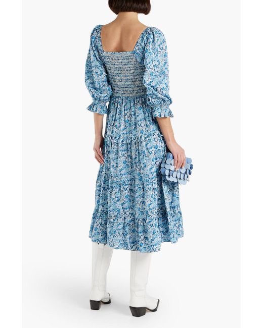 LoveShackFancy Blue Minnie Tiered Smocked Floral-print Cotton-poplin Midi Dress